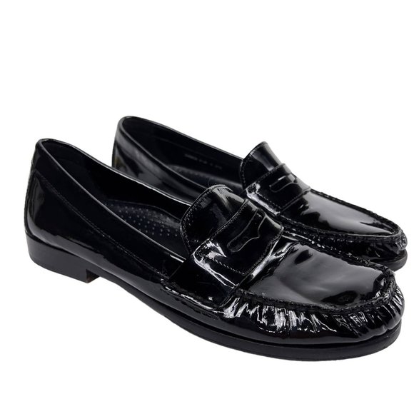 Cole Haan Black Patent Leather Slip On Low Block Heel Moc Toe Penny Loafer 6.5 - Picture 1 of 10